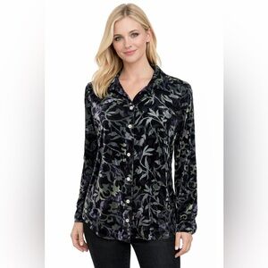 Sigrid Olsen Blouse Sheer Tulip And Velvet Size XS Black Purple Green